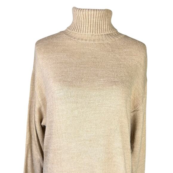 NA-KD Tan Knitted Oversized Long Sleeve Side Slit Turtleneck Midi Sweater Dress - Picture 5 of 12